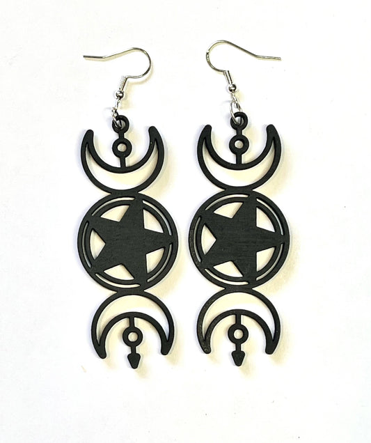 Triple moon goddess wood earrings